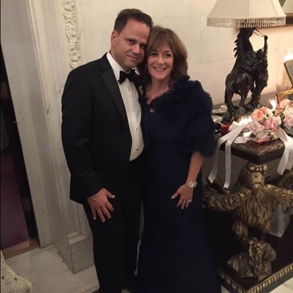 Navy Blue ruched English tulle gown with capelet - Picture 5 of 5